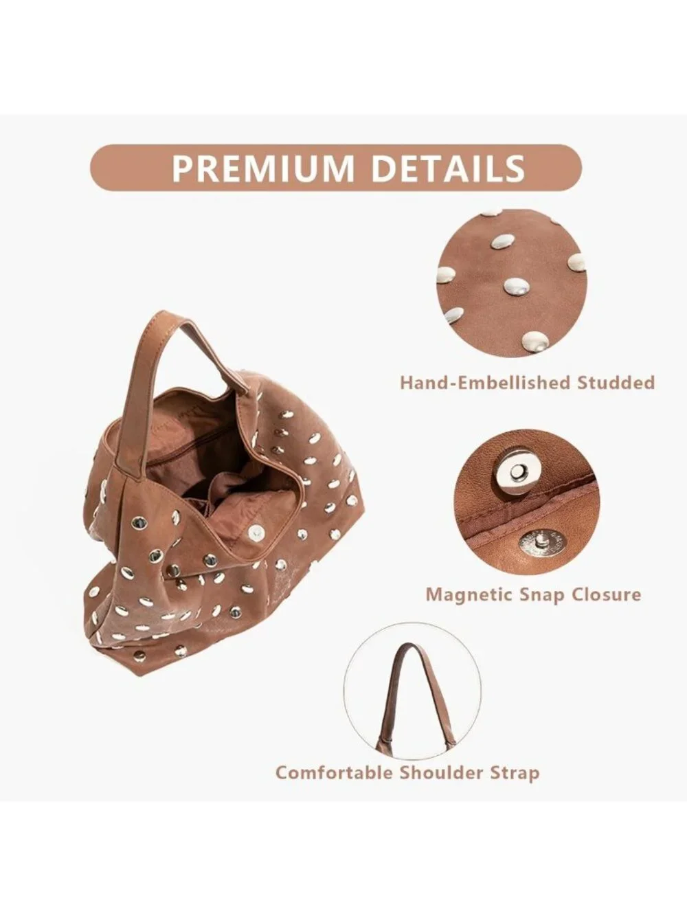 Edgy Vegan Leather Studded Tote Bag | Oversized Slouchy Hobo, Large Capacity